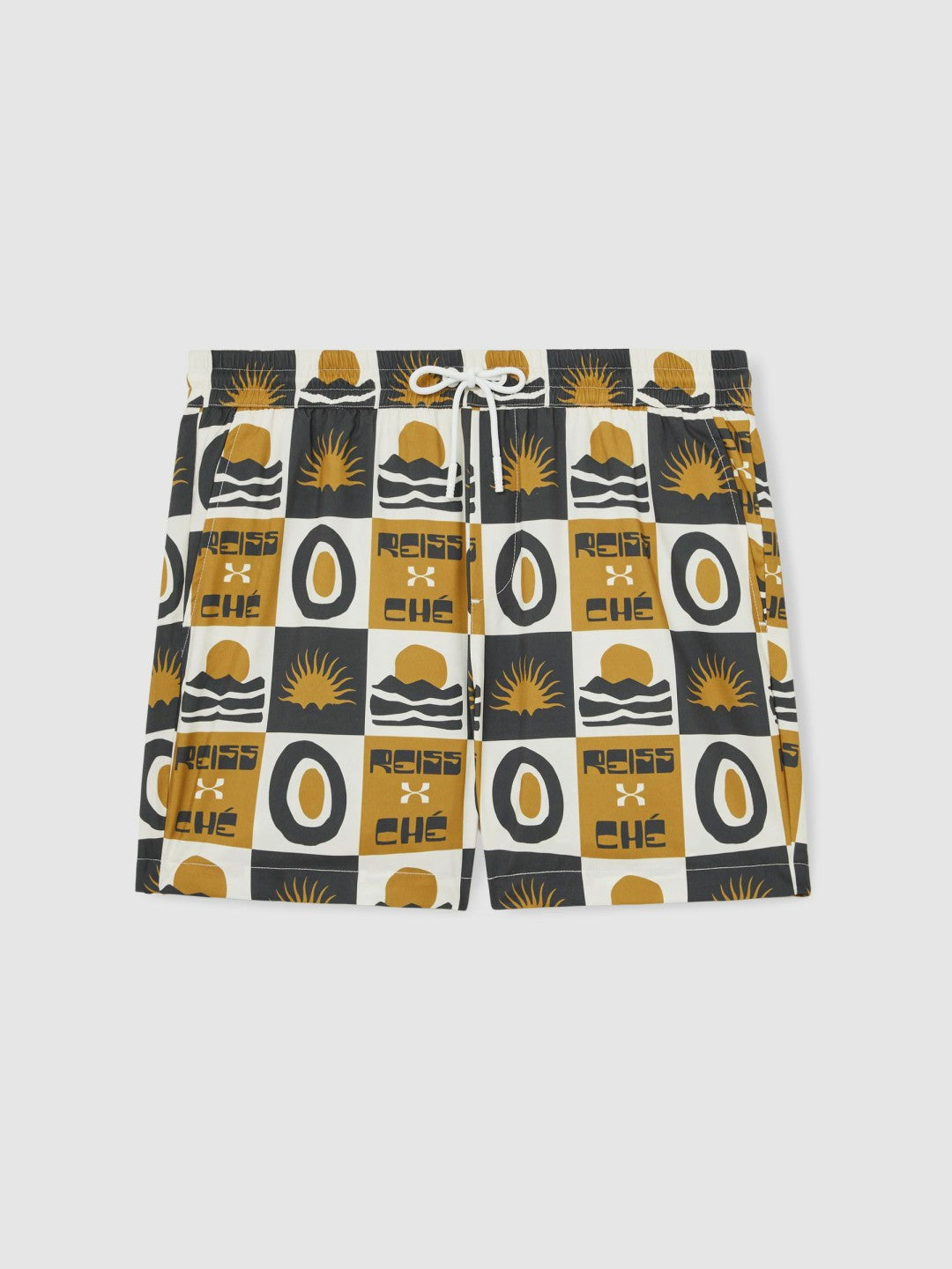 | Ché Sunset-Print Swim Shorts in Olive Green