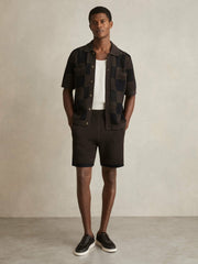 Cotton-Blend Crochet Shorts in Chocolate/Navy