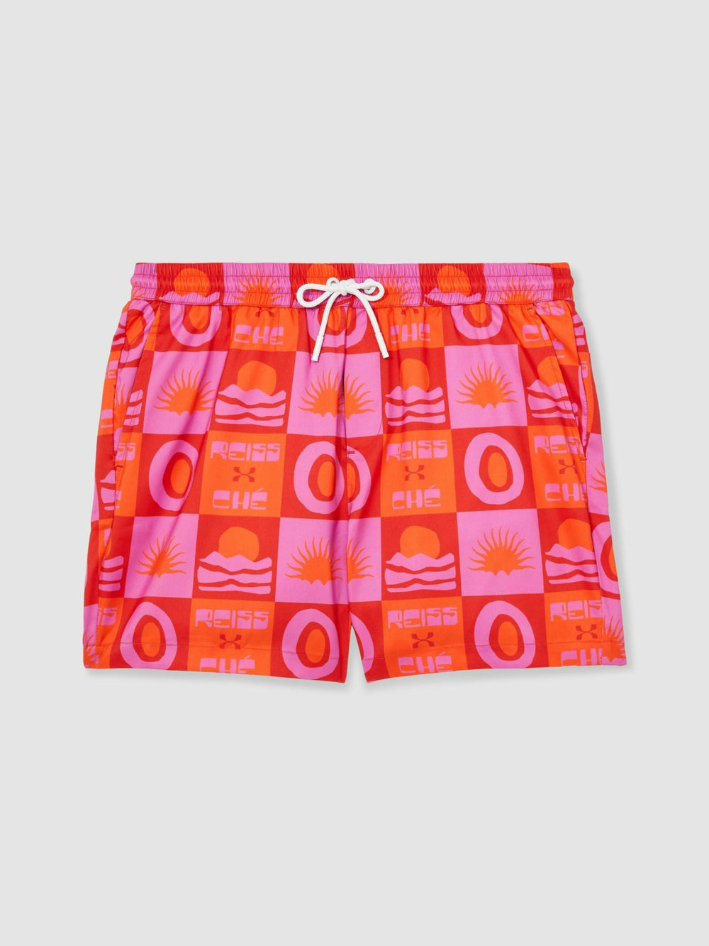 | Ché Sunset-Print Swim Shorts in Orange/Pink