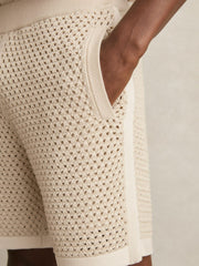Cotton-Blend Crochet Shorts in Taupe/Off White