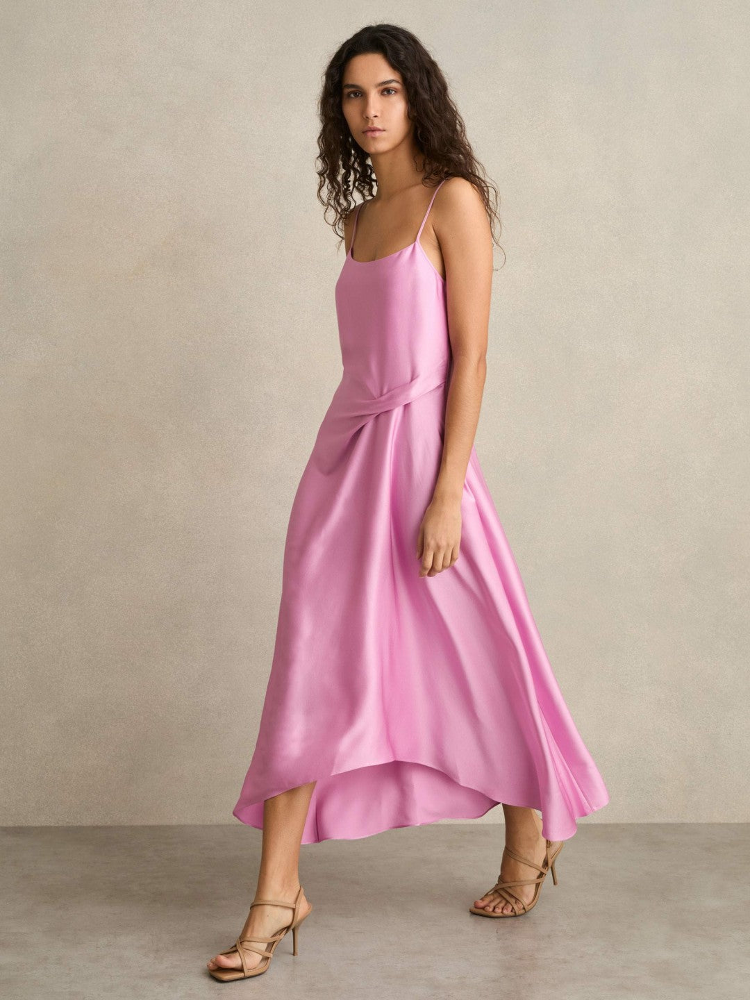 Satin Drape-Detail Slip Dress in Pink