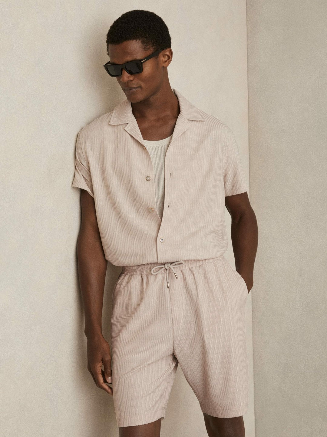 Textured-Knit Cuban-Collar Shirt in Champagne