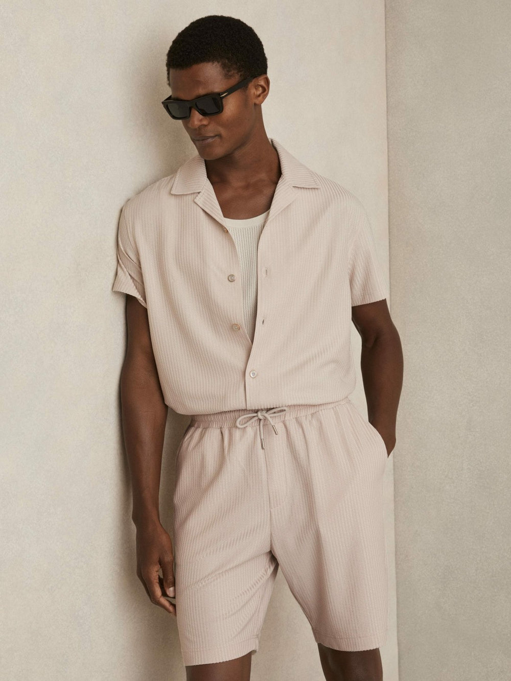 Textured-Knit Cuban-Collar Shirt in Champagne