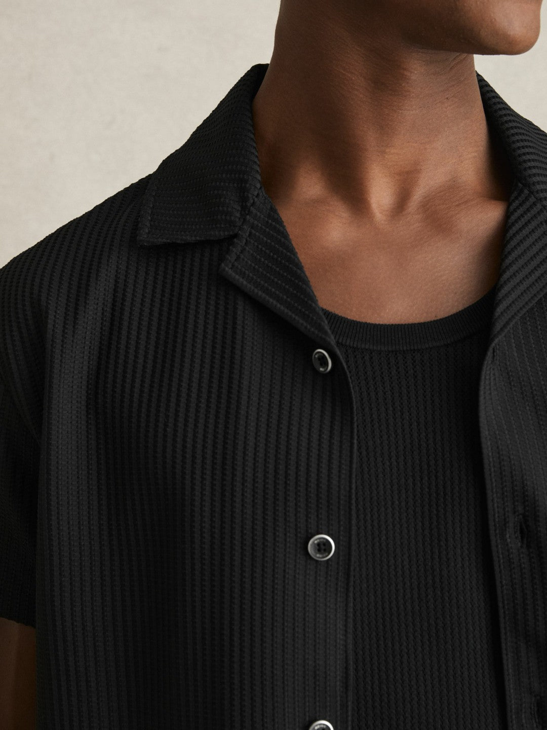 Textured-Knit Cuban-Collar Shirt in Black