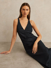 Ruched Sleeveless Midi Dress With Linen in Navy