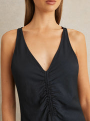 Ruched Sleeveless Midi Dress With Linen in Navy