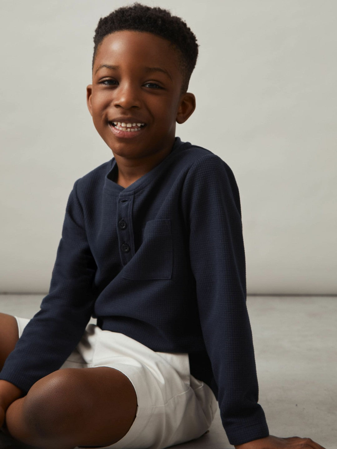 9-13 yrs Cotton-Blend Waffle Henley T-Shirt in Navy