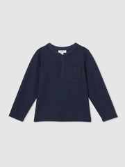 9-13 yrs Cotton-Blend Waffle Henley T-Shirt in Navy