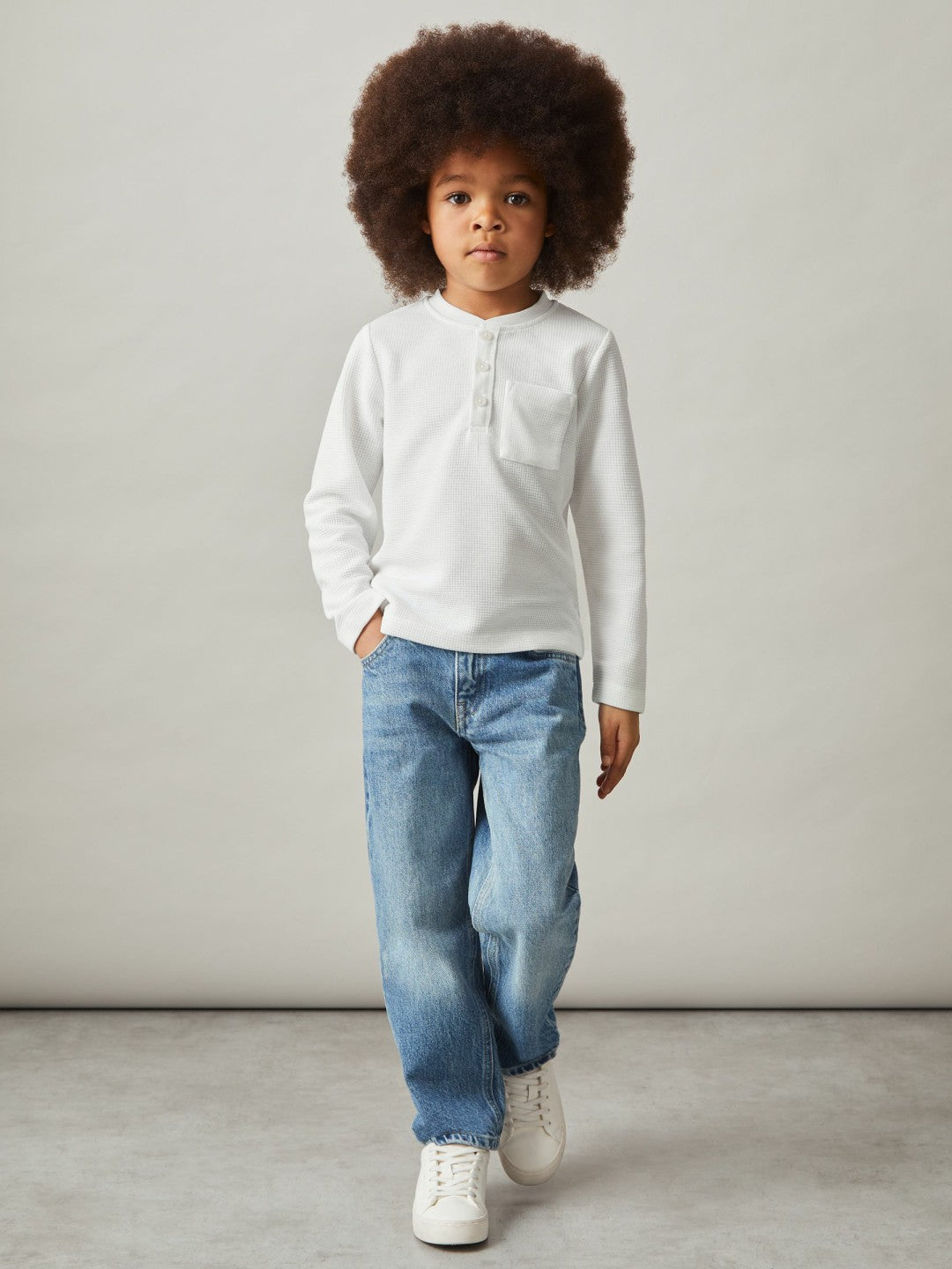 9-13 yrs Cotton-Blend Waffle Henley T-Shirt in White