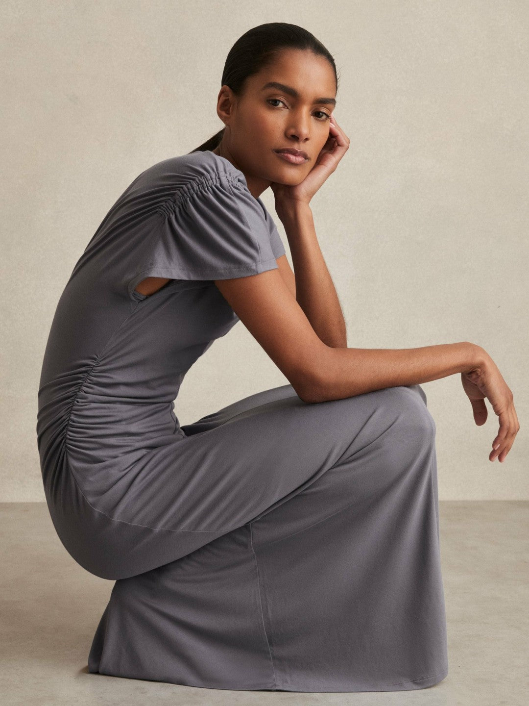 Modal Blend Ruched Jersey Dress in Grey