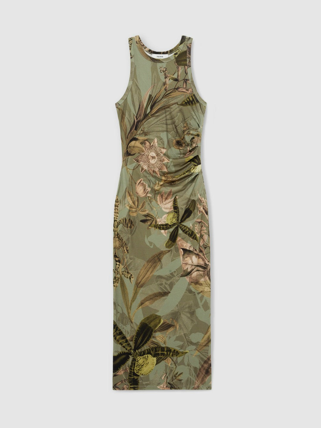 | NYBG Floral Ruched Jersey Dress in Khaki
