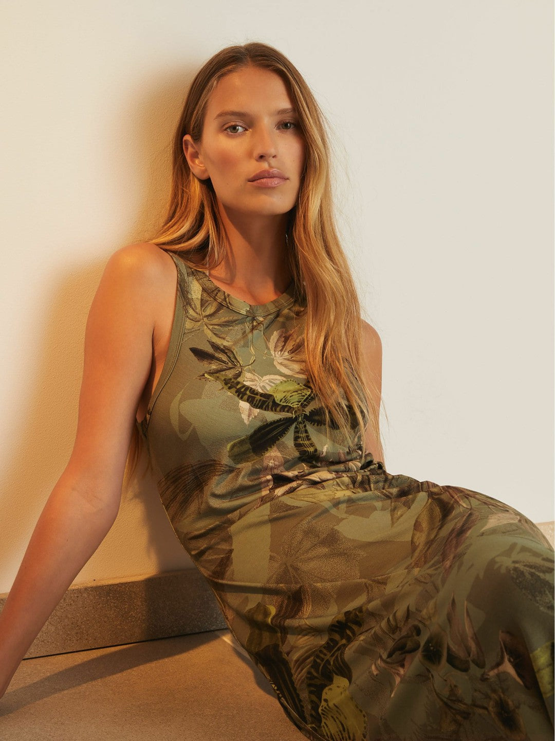 | NYBG Floral Ruched Jersey Dress in Khaki