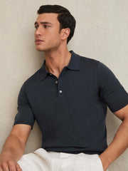 Merino Wool Short-Sleeve Polo Shirt in Midnight Navy