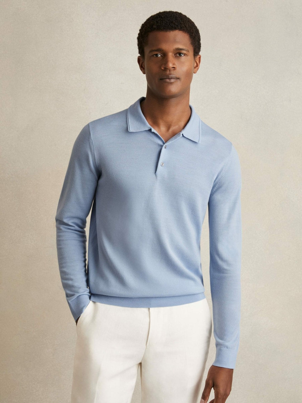 Merino Wool Long-Sleeve Polo Shirt in Soft Blue