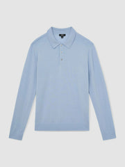 Merino Wool Long-Sleeve Polo Shirt in Soft Blue