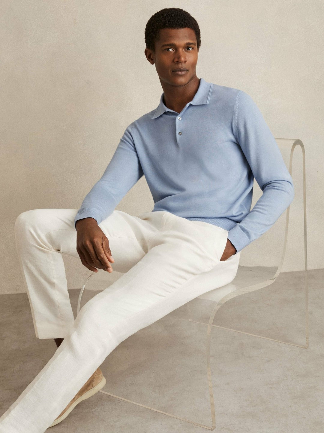 Merino Wool Long-Sleeve Polo Shirt in Soft Blue