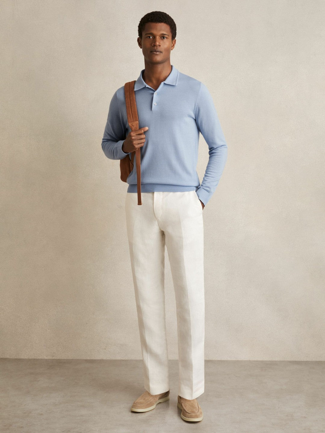 Merino Wool Long-Sleeve Polo Shirt in Soft Blue