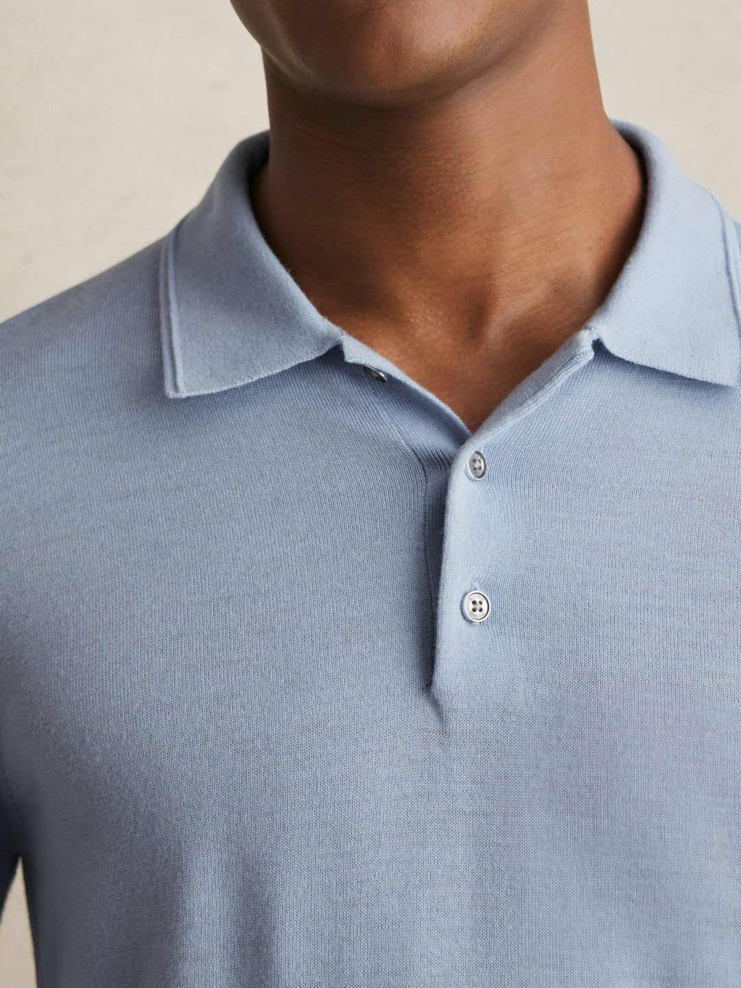 Merino Wool Long-Sleeve Polo Shirt in Soft Blue