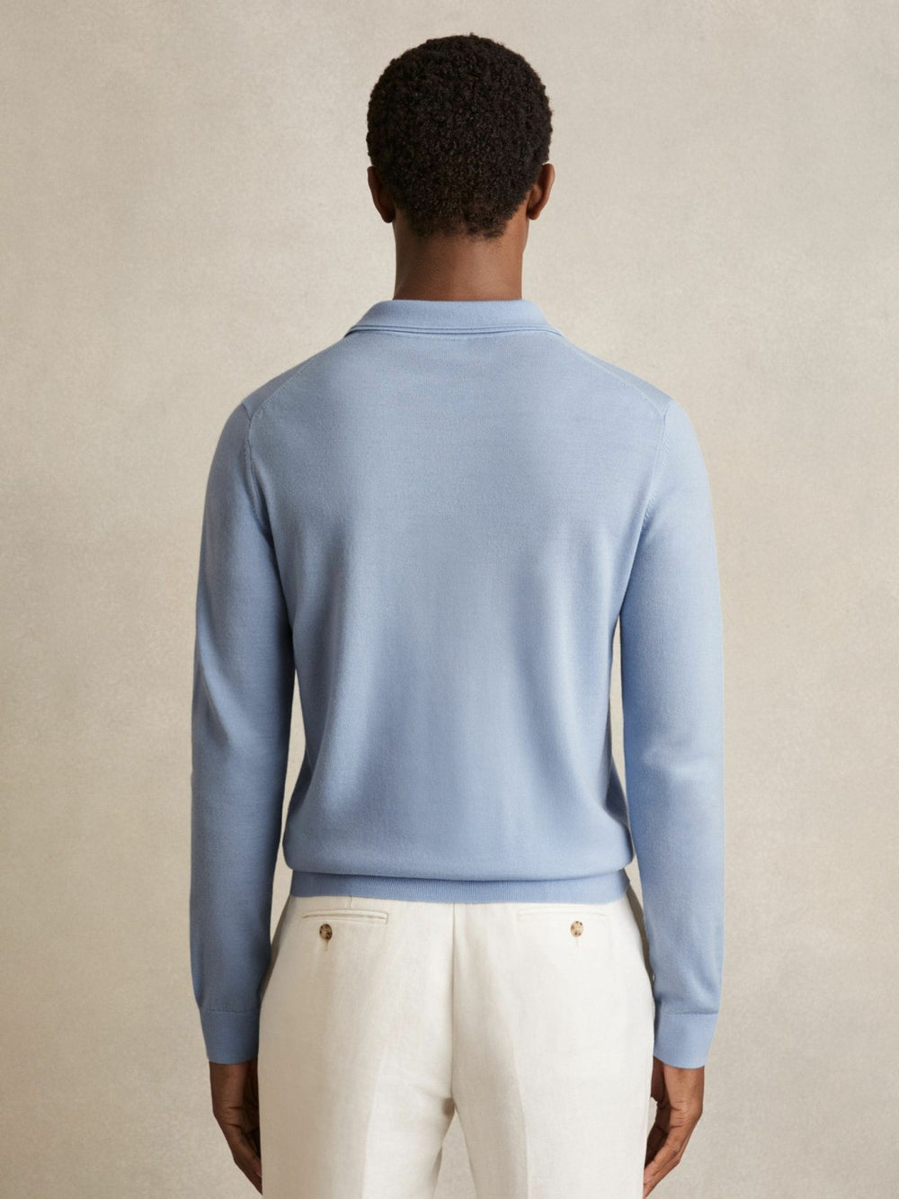 Merino Wool Long-Sleeve Polo Shirt in Soft Blue