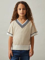 4-9 yrs Cotton-Linen Knit V-Neck Cricket Top in Neutral
