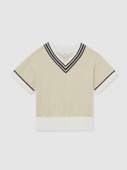 4-9 yrs Cotton-Linen Knit V-Neck Cricket Top in Neutral