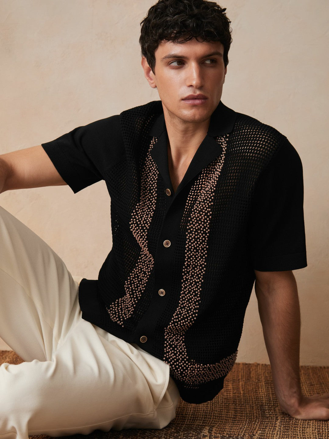 | Ché Beaded Crochet Shirt in Black