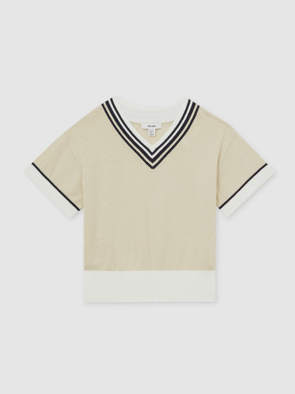 13-14 yrs Cotton-Linen Knit V-Neck Cricket Top in Neutral