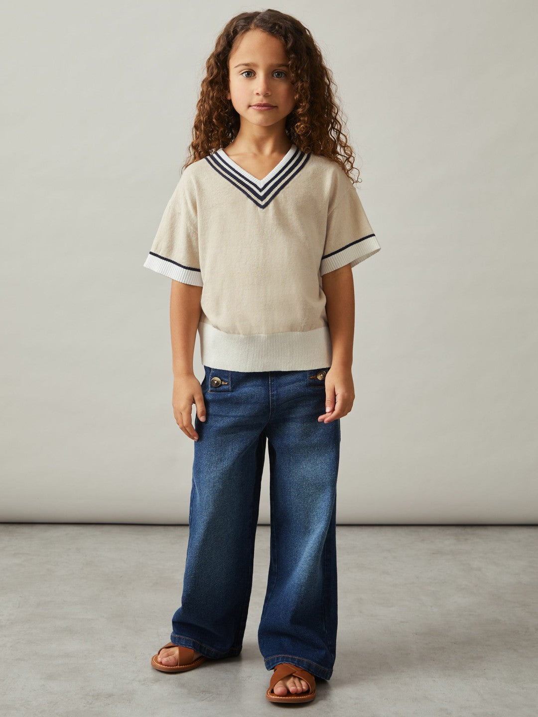 9-13 yrs Cotton-Linen Knit V-Neck Cricket Top in Neutral