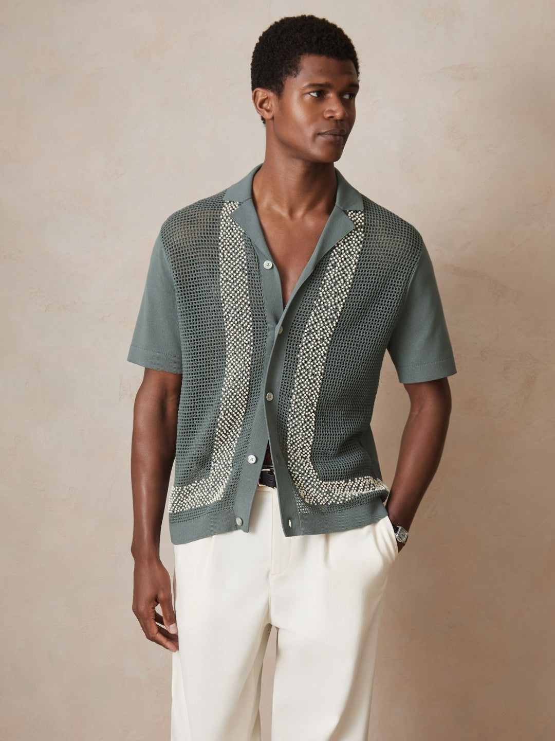 | Ché Beaded Crochet Shirt in Sage