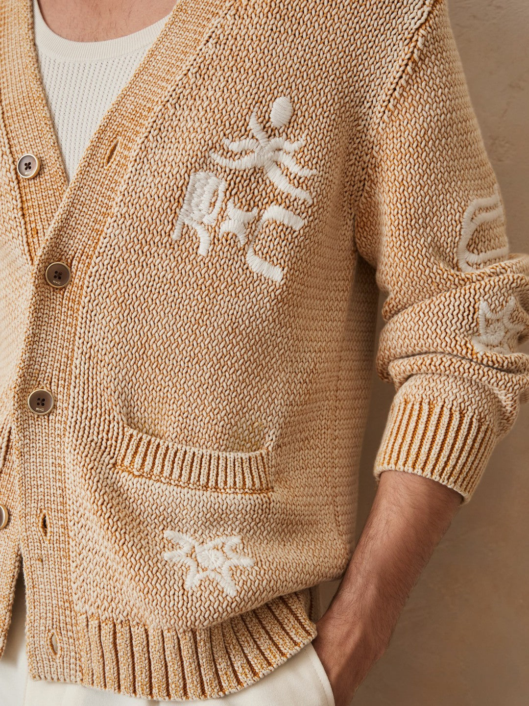 | Ché Motif-Embroidered Cardigan in Camel