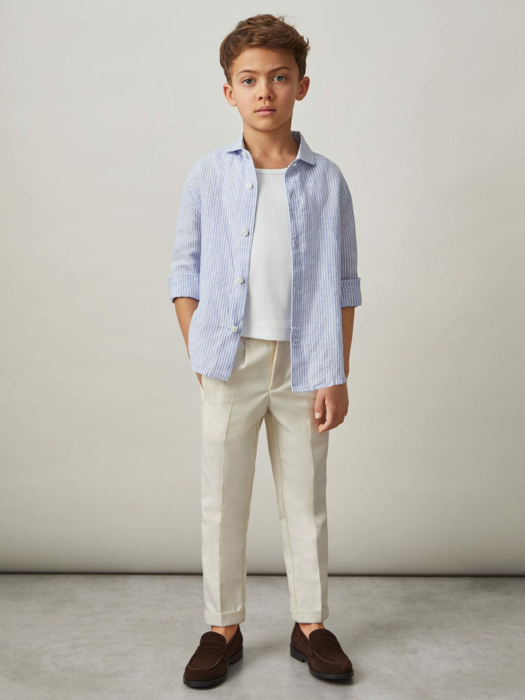 13-14 yrs Linen Cutaway Collar Shirt in Blue/White Stripe