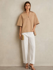 Cotton Blend Craft Stitch Collared Top in Camel