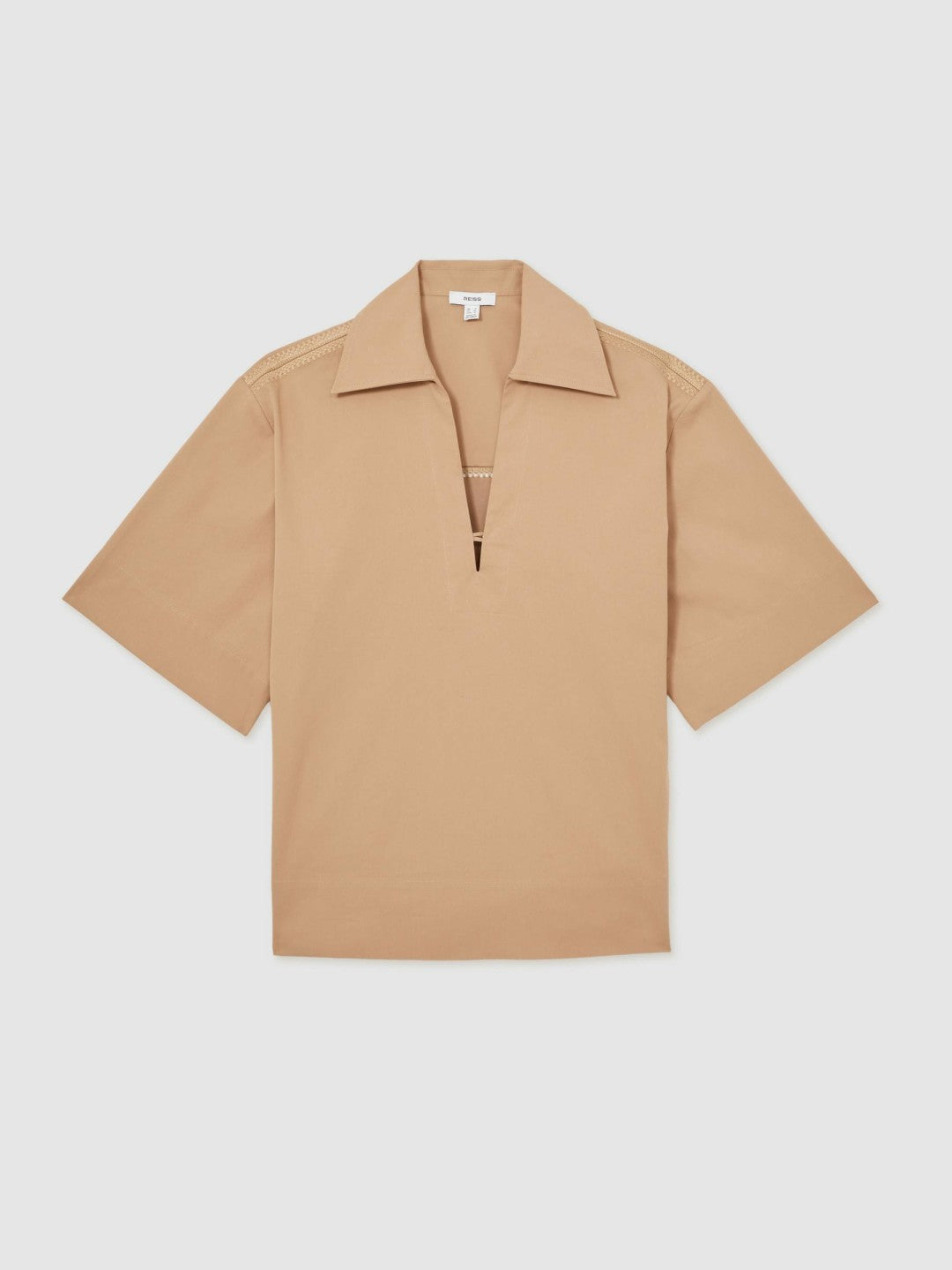 Cotton Blend Craft Stitch Collared Top in Camel