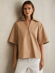 Cotton Blend Craft Stitch Collared Top in Camel