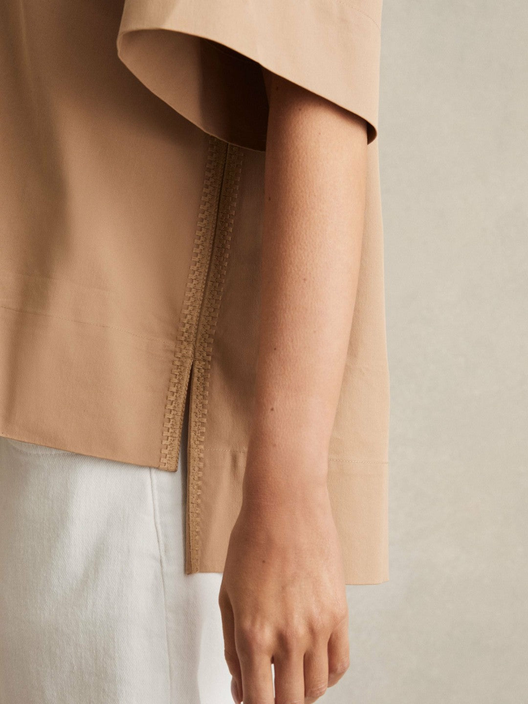Cotton Blend Craft Stitch Collared Top in Camel