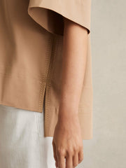 Cotton Blend Craft Stitch Collared Top in Camel