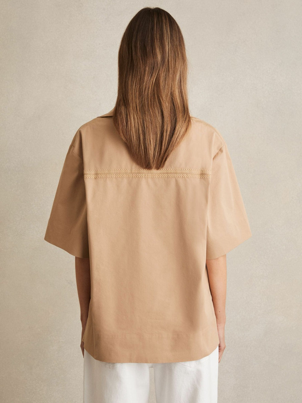 Cotton Blend Craft Stitch Collared Top in Camel
