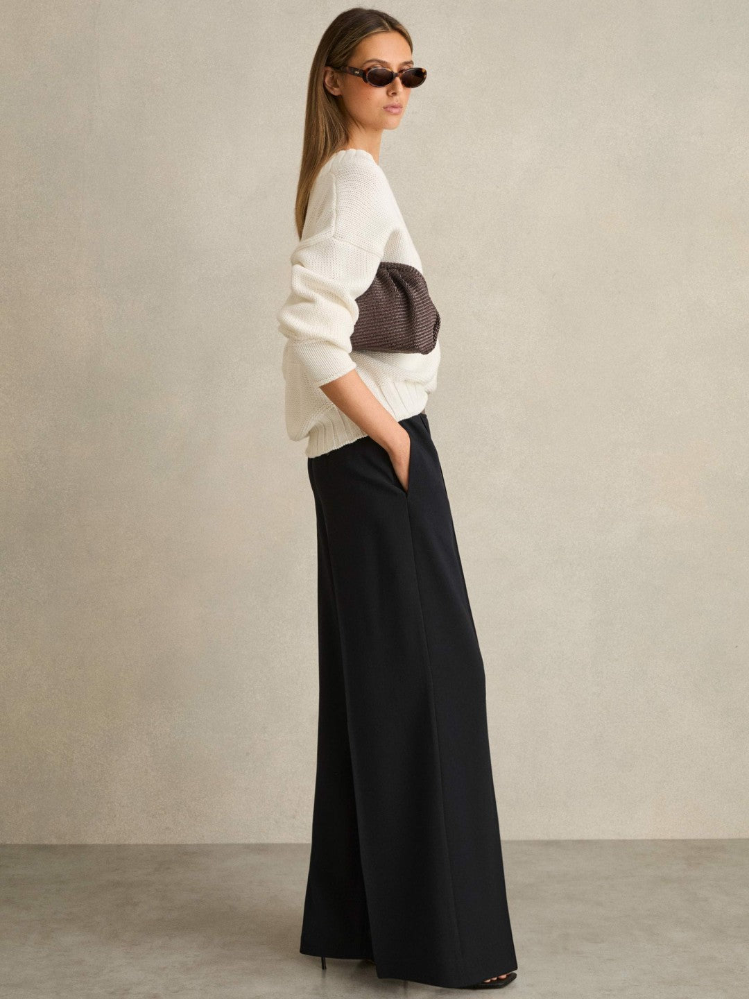 Petite Wide-Leg Elasticated-Waist Trousers in Navy