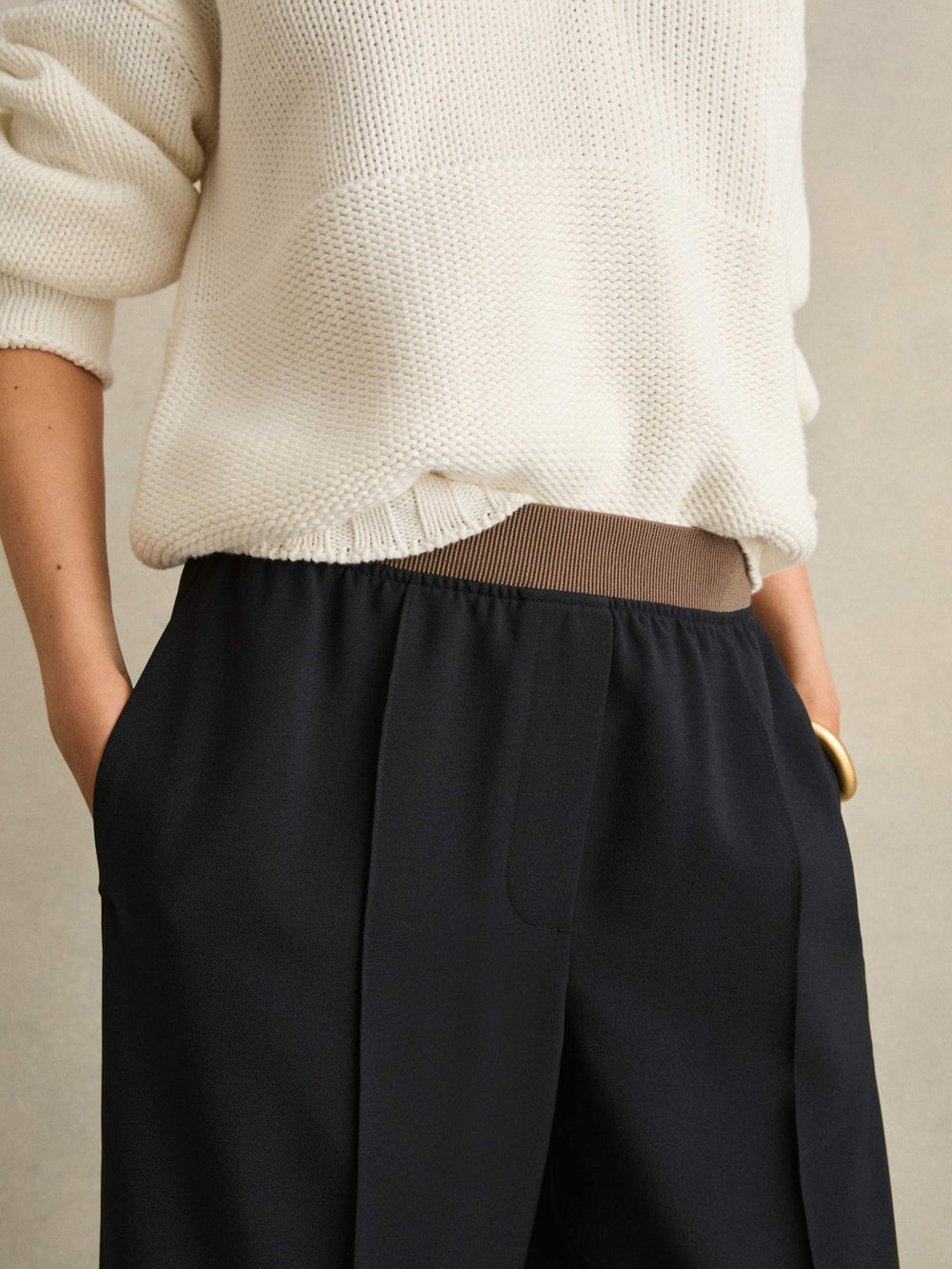 Petite Wide-Leg Elasticated-Waist Trousers in Navy