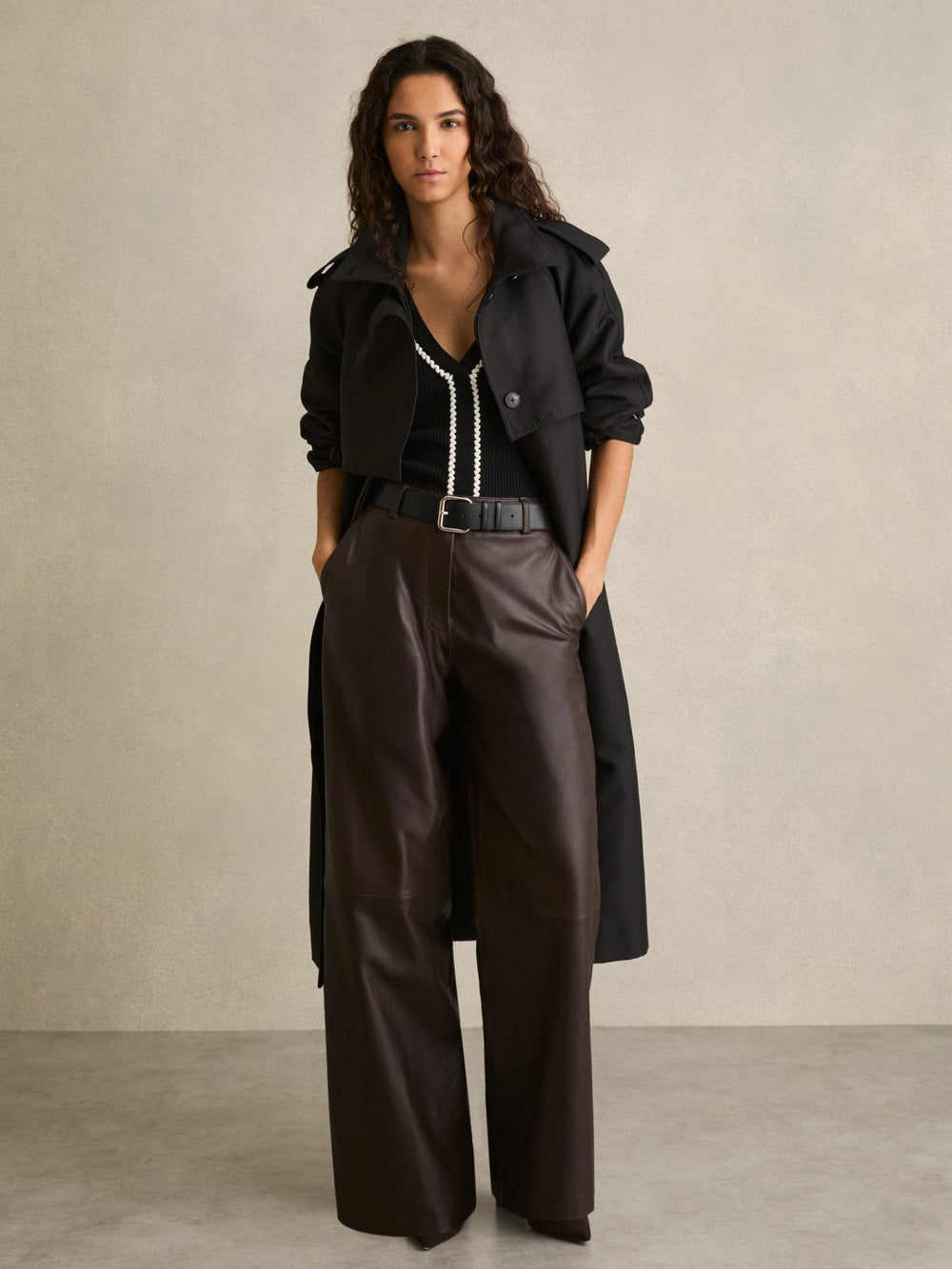 Petite Leather Wide Leg Trousers in Chocolate