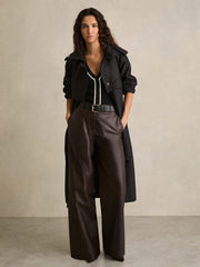Petite Leather Wide Leg Trousers in Chocolate
