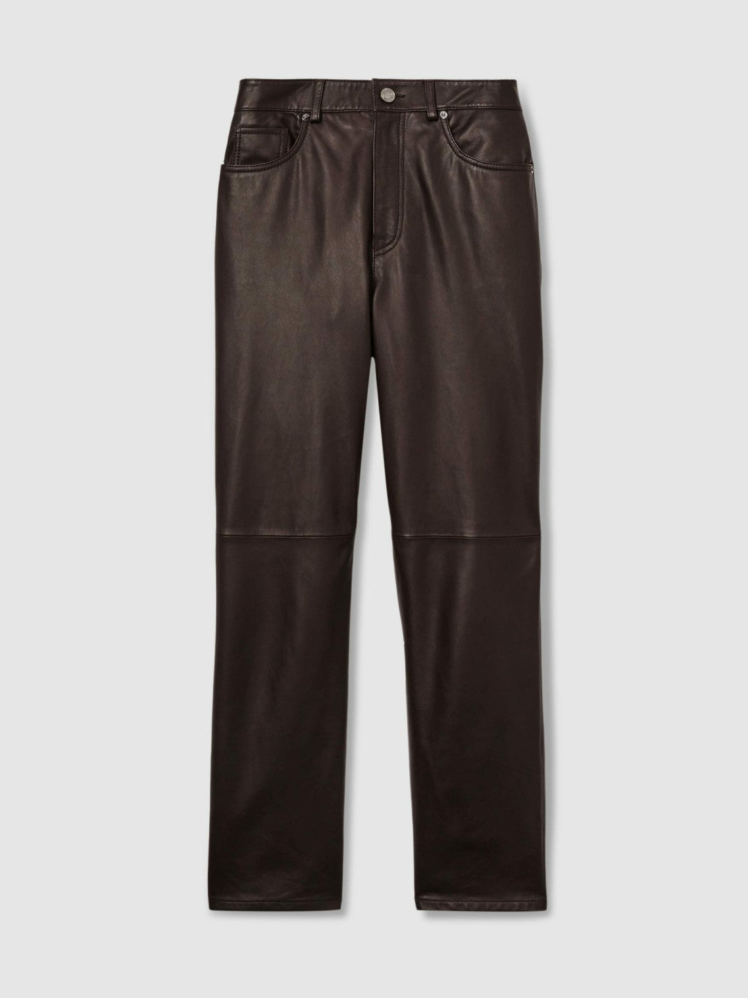 Petite Leather Slim-Leg Trousers in Chocolate