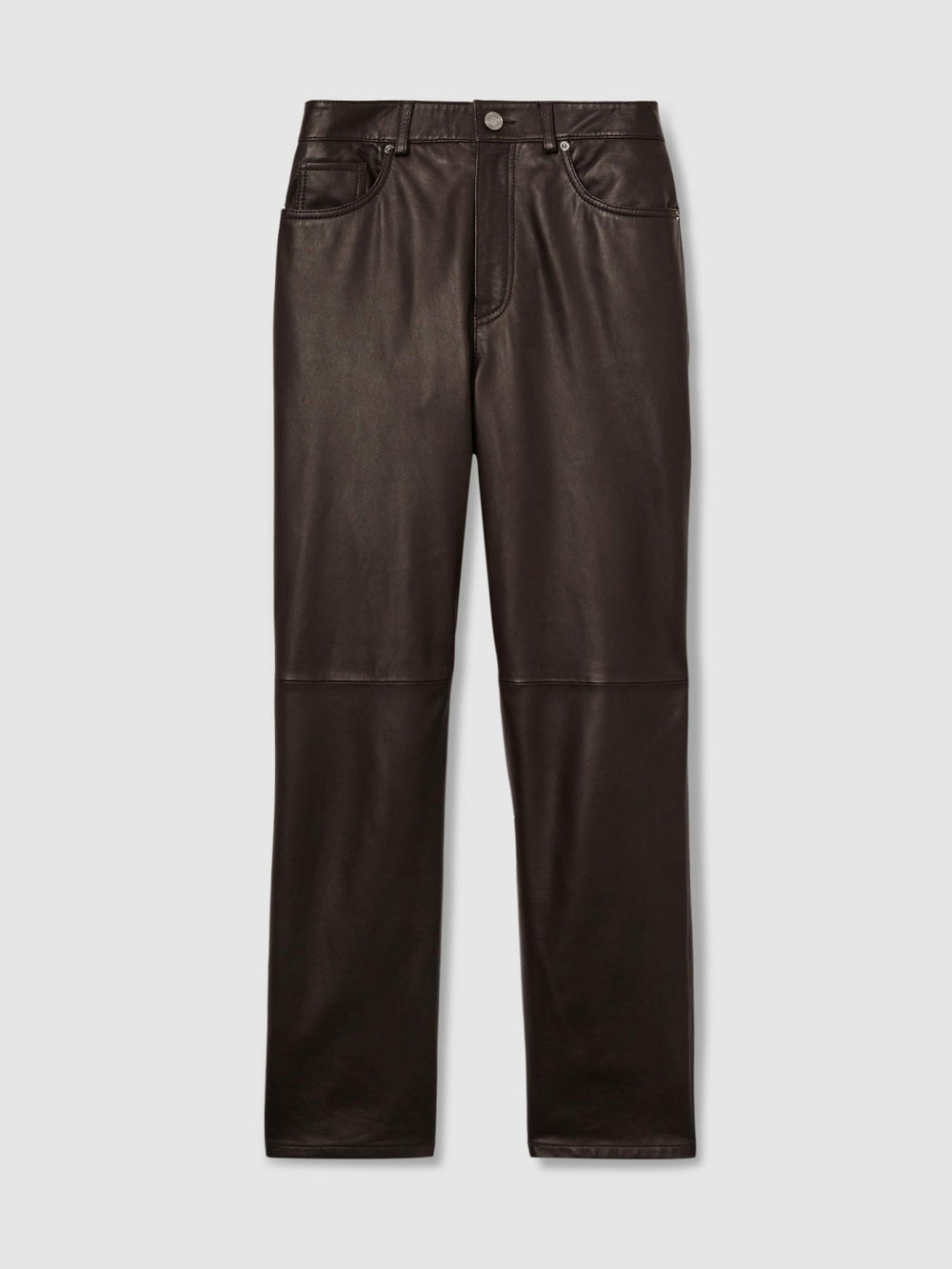 Petite Leather Slim-Leg Trousers in Chocolate