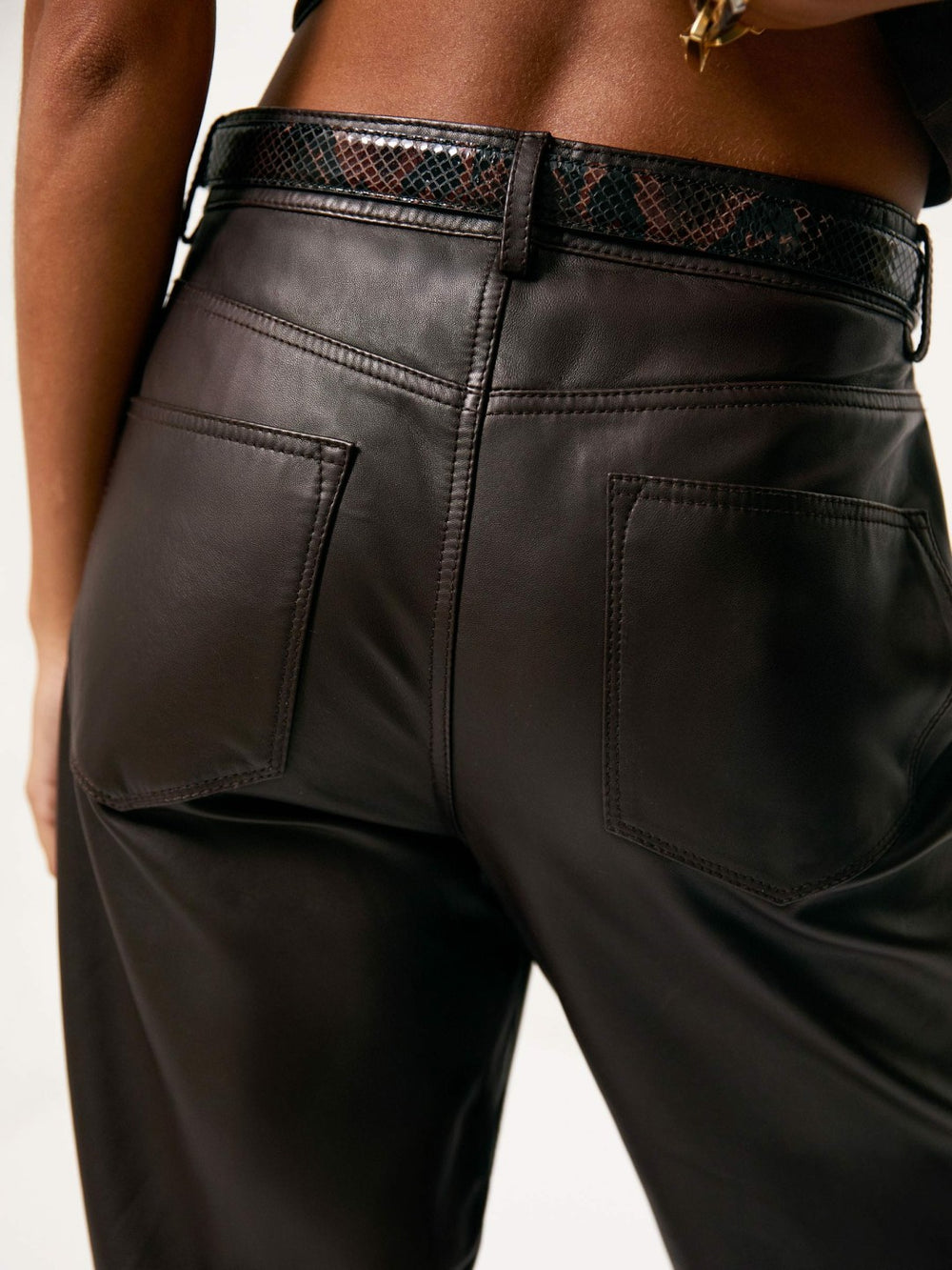 Petite Leather Slim-Leg Trousers in Chocolate
