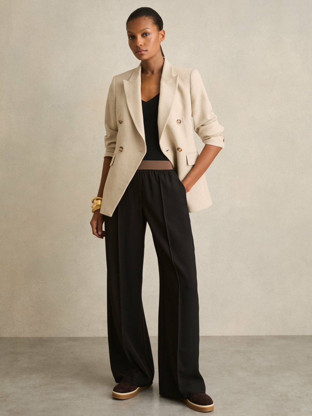 Wide-Leg Elasticated-Waist Trousers in Black