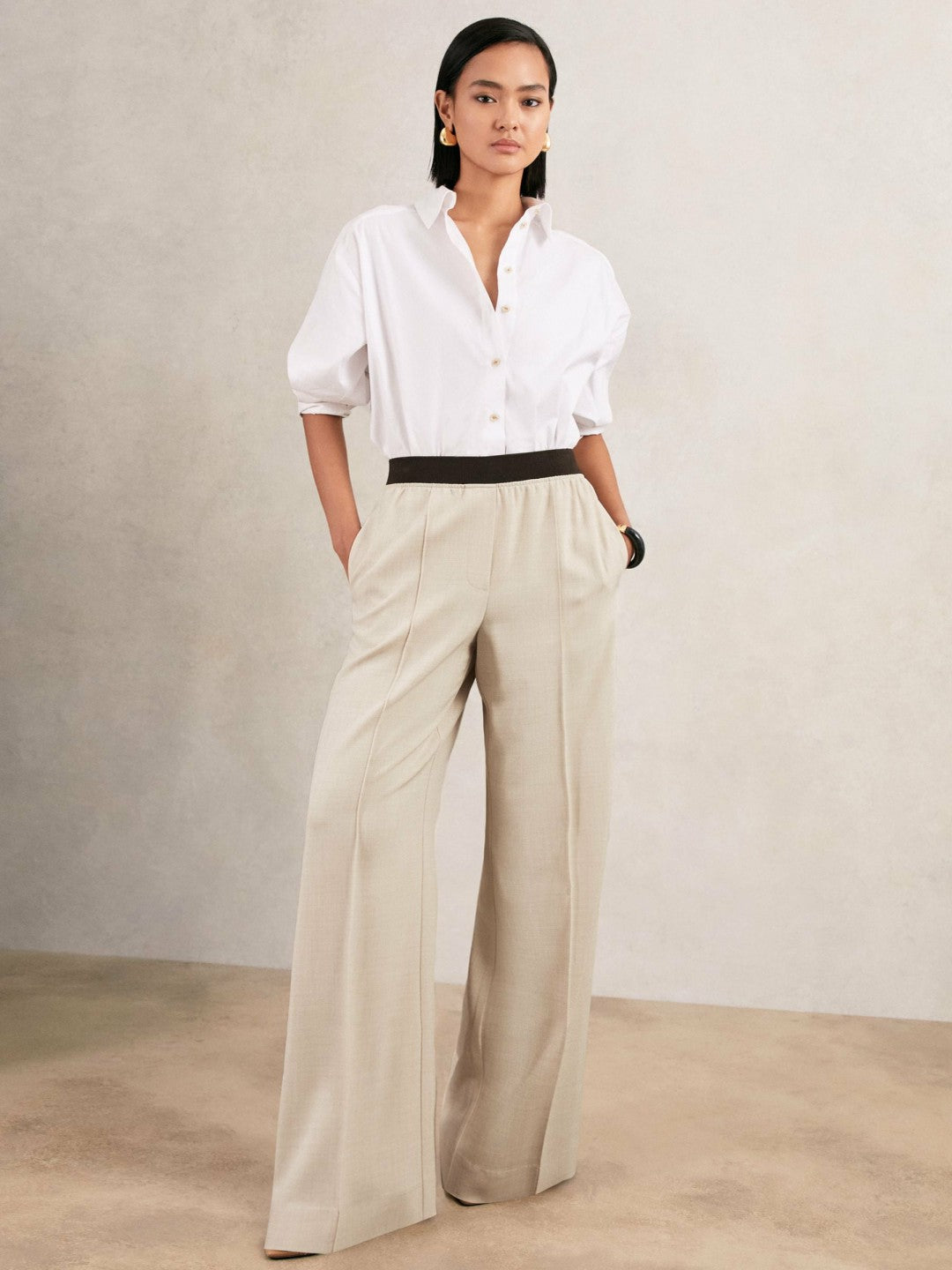 Wide-Leg Elasticated-Waist Trousers in Neutral