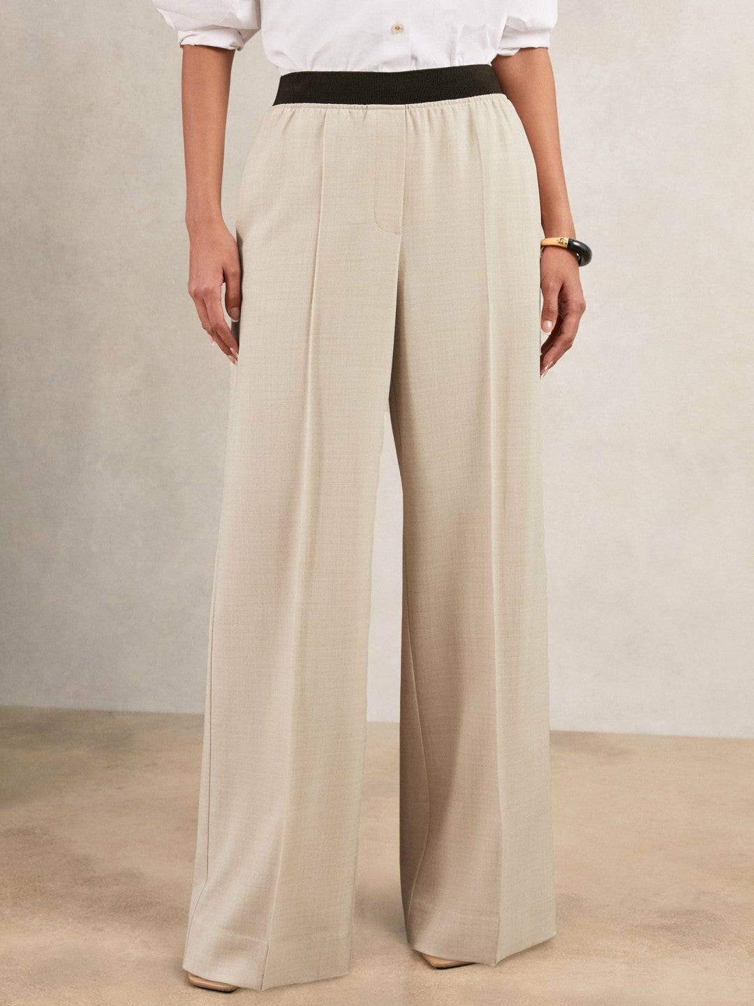Wide-Leg Elasticated-Waist Trousers in Neutral