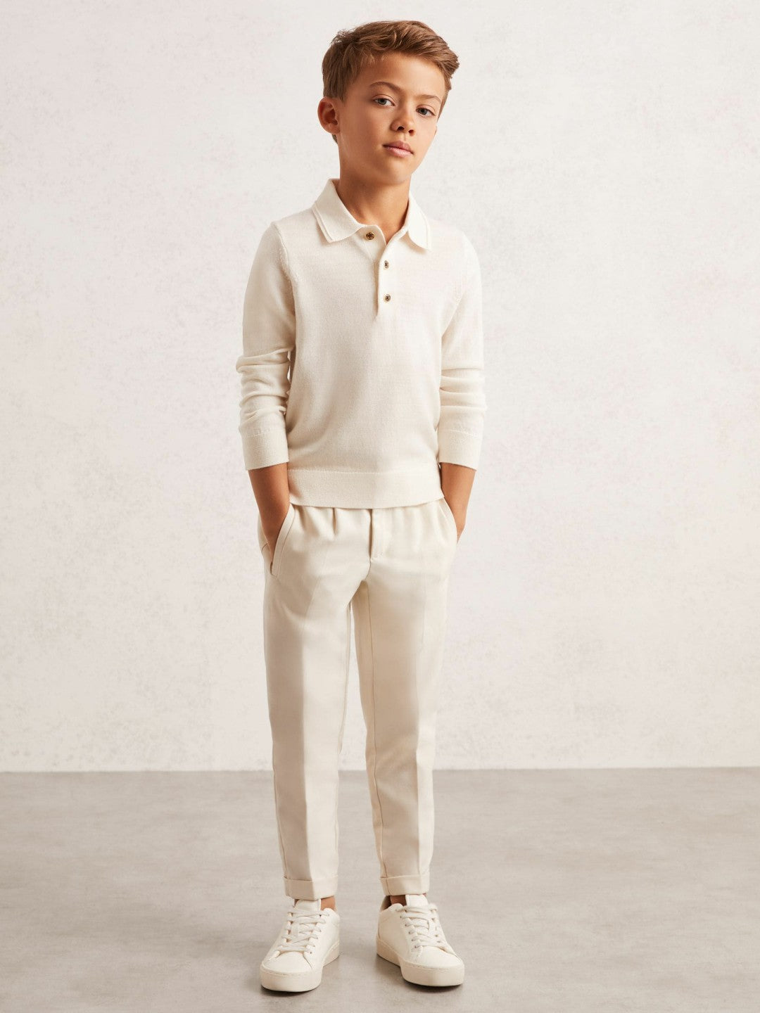 9-13 yrs Merino Wool Long-Sleeve Polo Shirt in Snow