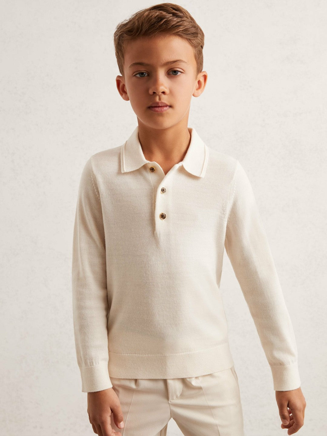 4-9 yrs Merino Wool Long-Sleeve Polo Shirt in Snow
