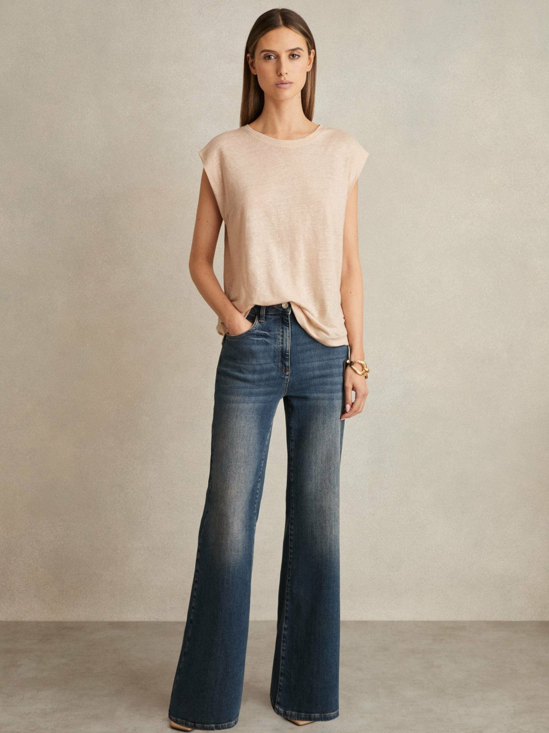 Linen Cap-Sleeve T-Shirt in Peach